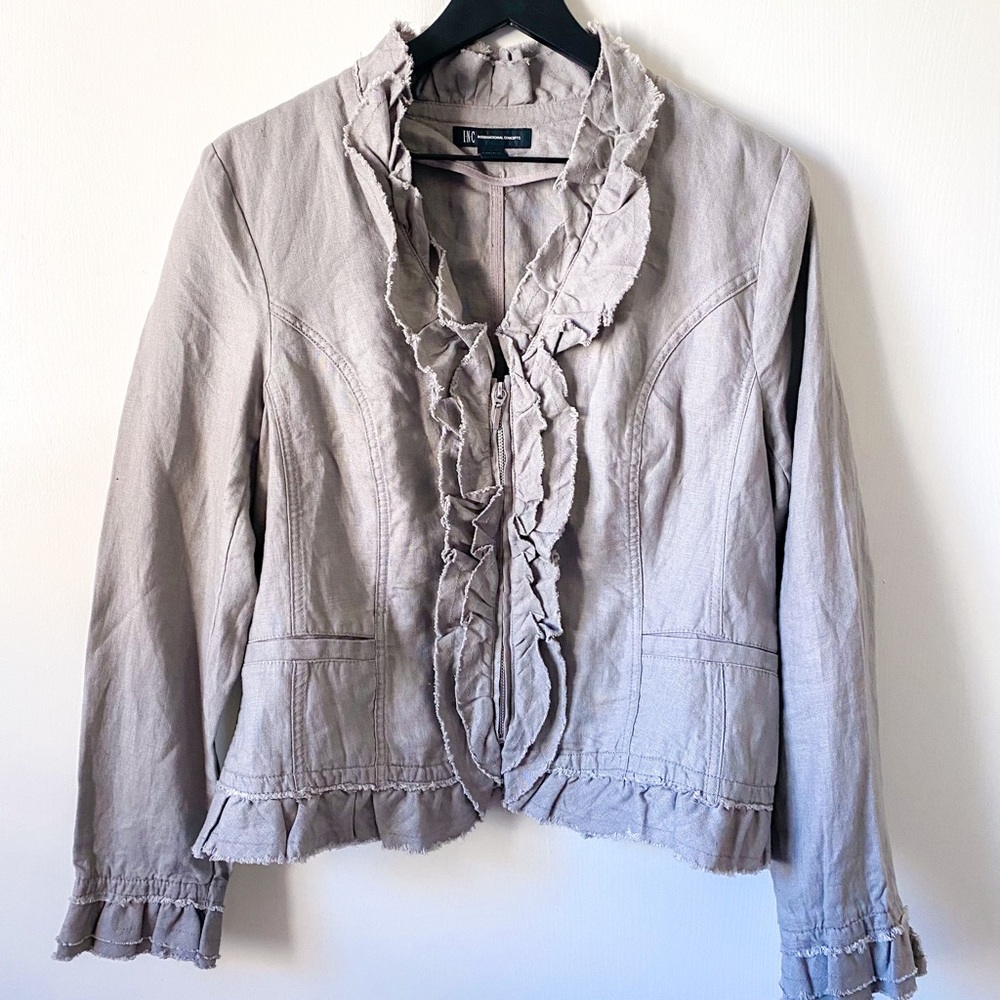 INC International Concepts Ruffle Front Zip Up V-Neck Linen Jacket
